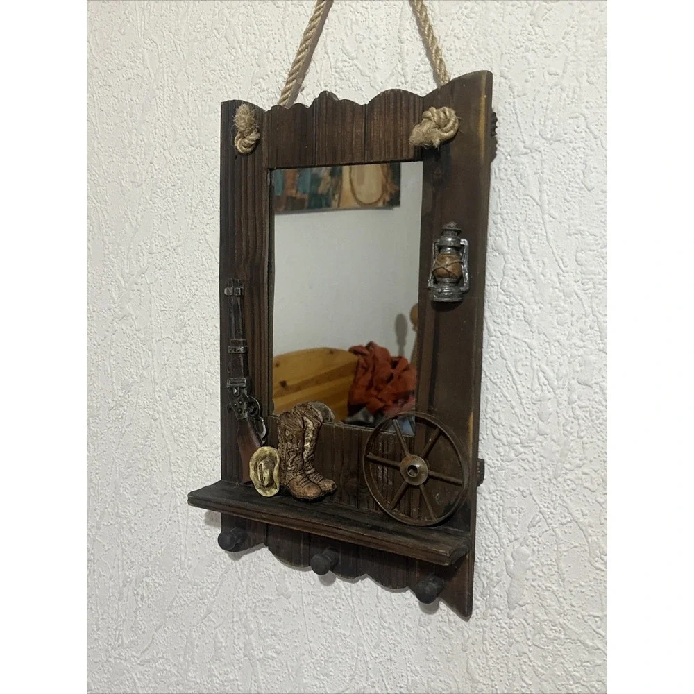 Rustic Mirror 3 Hook Rack Combo Western Themed Hanging Wall Home Decor